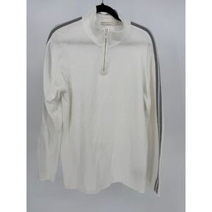 DKNY Jeans Mens White Quarter Zip Cotton Sweater Grey Sleeve Stripe Mock Neck